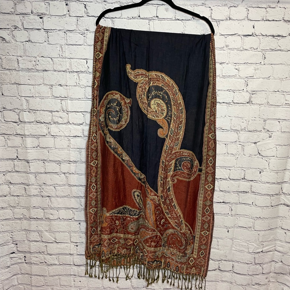 Bohemian Soft Silky Reversible Paisley Shawl Scarf With Fringe Black, Red Orange